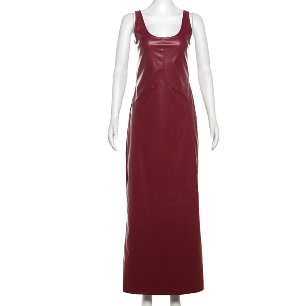 Elegant Burgundy Faux Leather Scoop Neck Sleeveless Dress - Picture 2 of 3